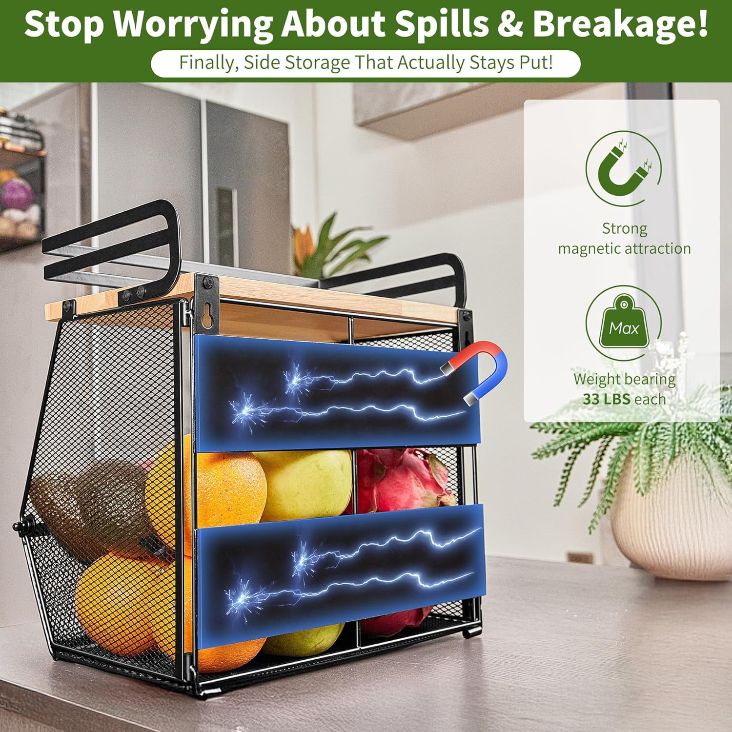 2 Pack Magnetic Shelf for Fridge with Wood Lid, Large Container Magnetic Fruit Basket Spice Rack, Potato Onion Storage Organizer Magnetics Shelves for Refrigerator, Kitchen Counter, Pantry