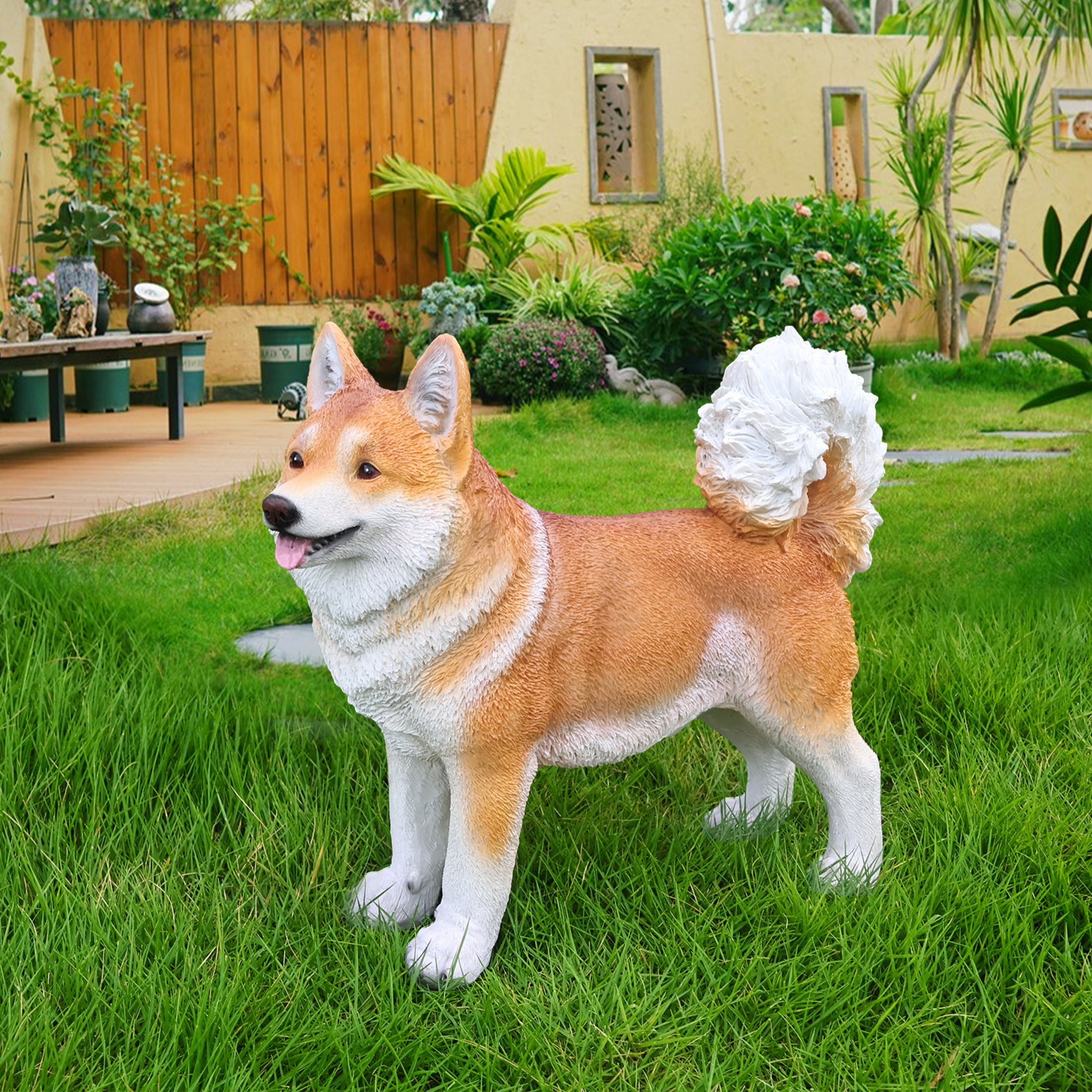 Noble House Lifelike Staning Shiba Inu Statue, Realistic Resin Animal Figurine for Outdoor Garden Decor, Brown White