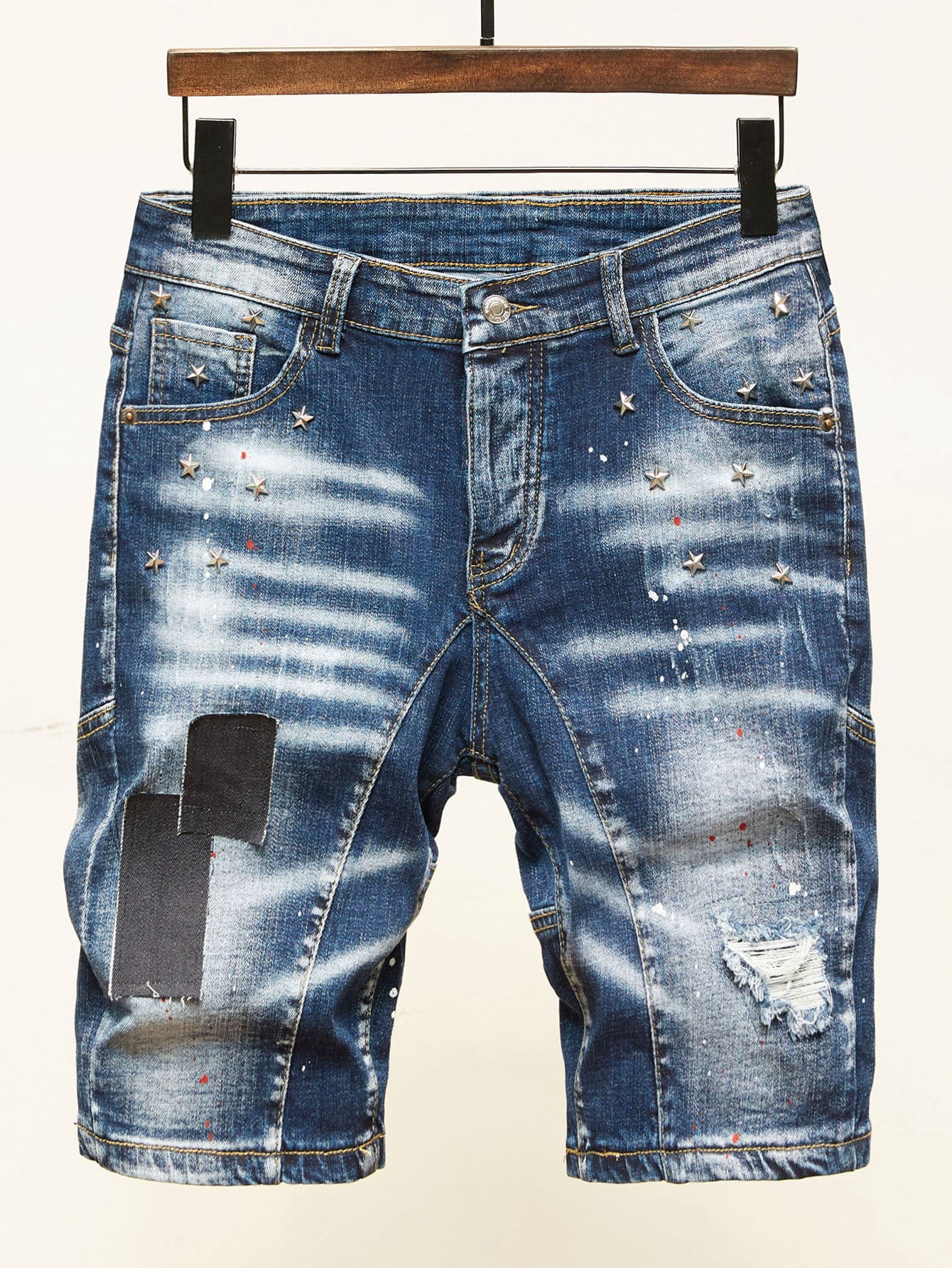 Men Star Splash Ripped Denim Shorts 34 