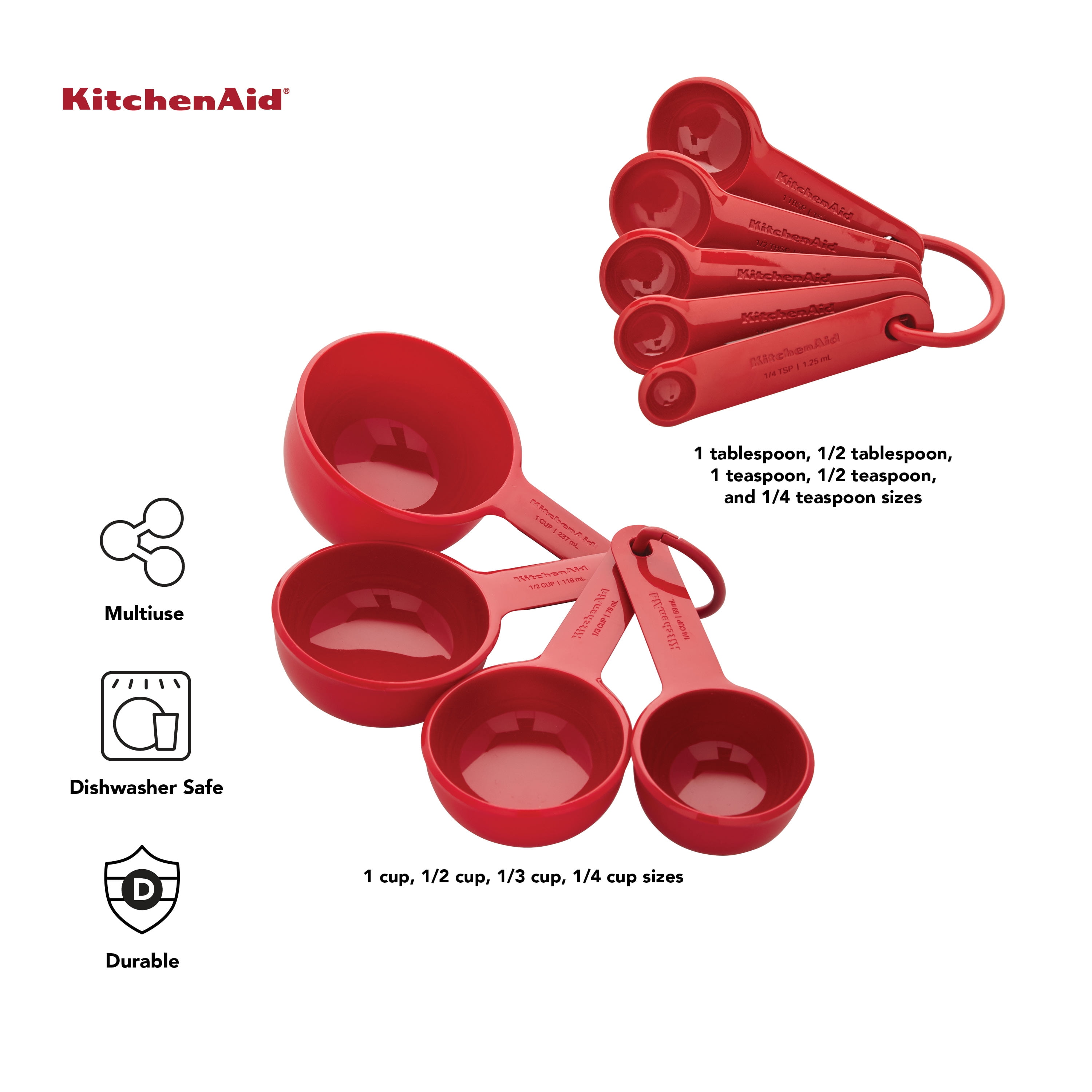 KitchenAid 9-Piece Plastic Measuring Cups and Spoons Set, Kitchen Utensil Set, Red