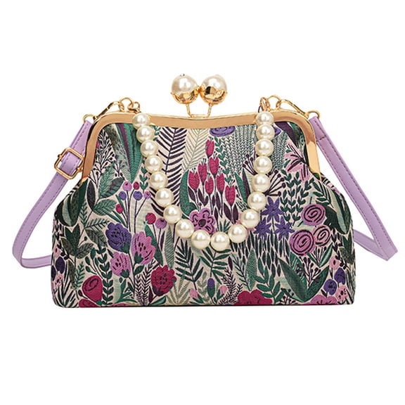Vintage Embroidered Flower Handbag with Pearls Chain Traditional Styles Shoulder Bag Casual Crossbody Purse for Women