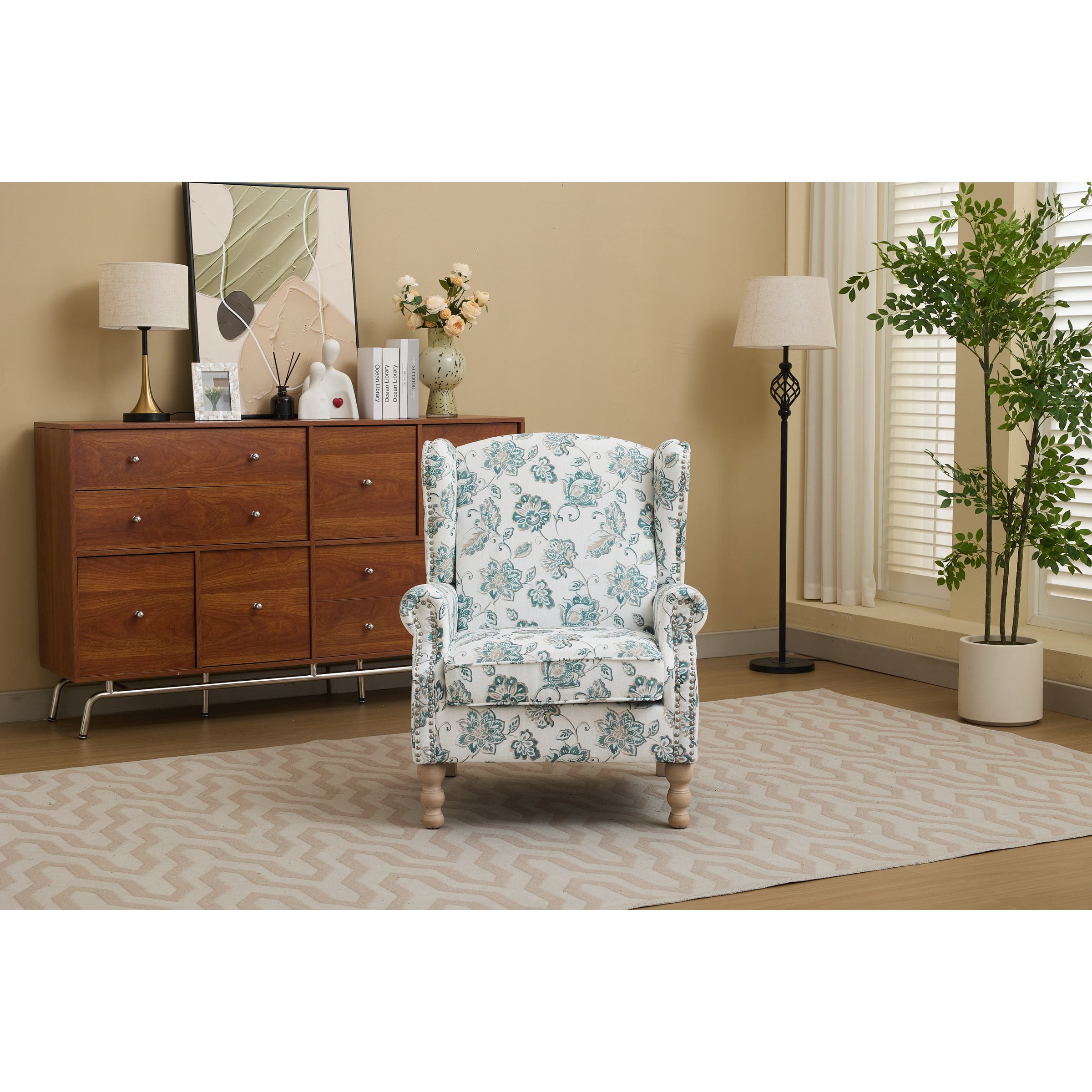 Modern Accent Chair with Retro Wood Legs, Comfy Upholstered Armchair, Floral Design Single Sofa Chair for Living Room Bedroom Office