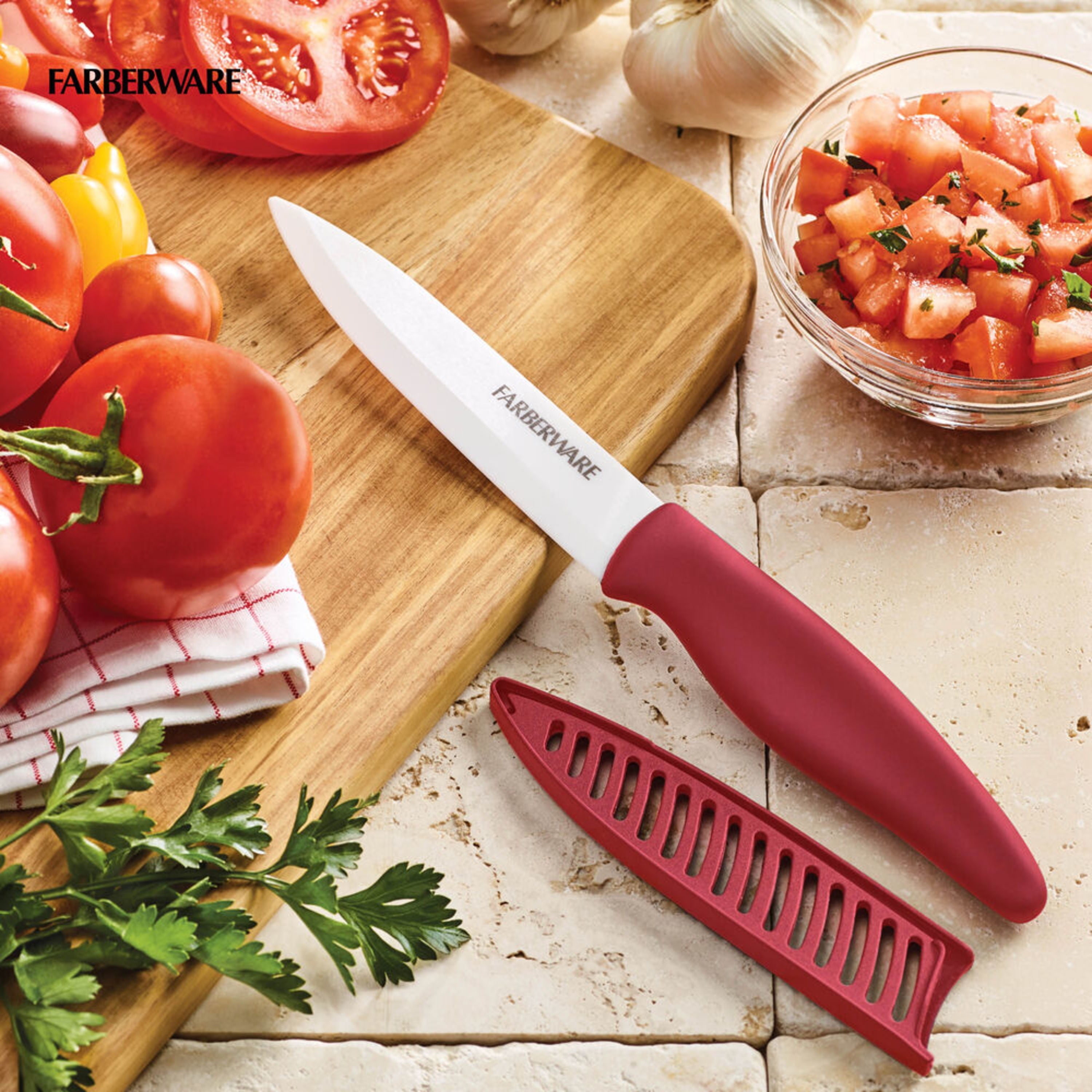 (3 pack) Farberware Professional 5-inch Ceramic Utility Knife with Red Blade Cover and Handle