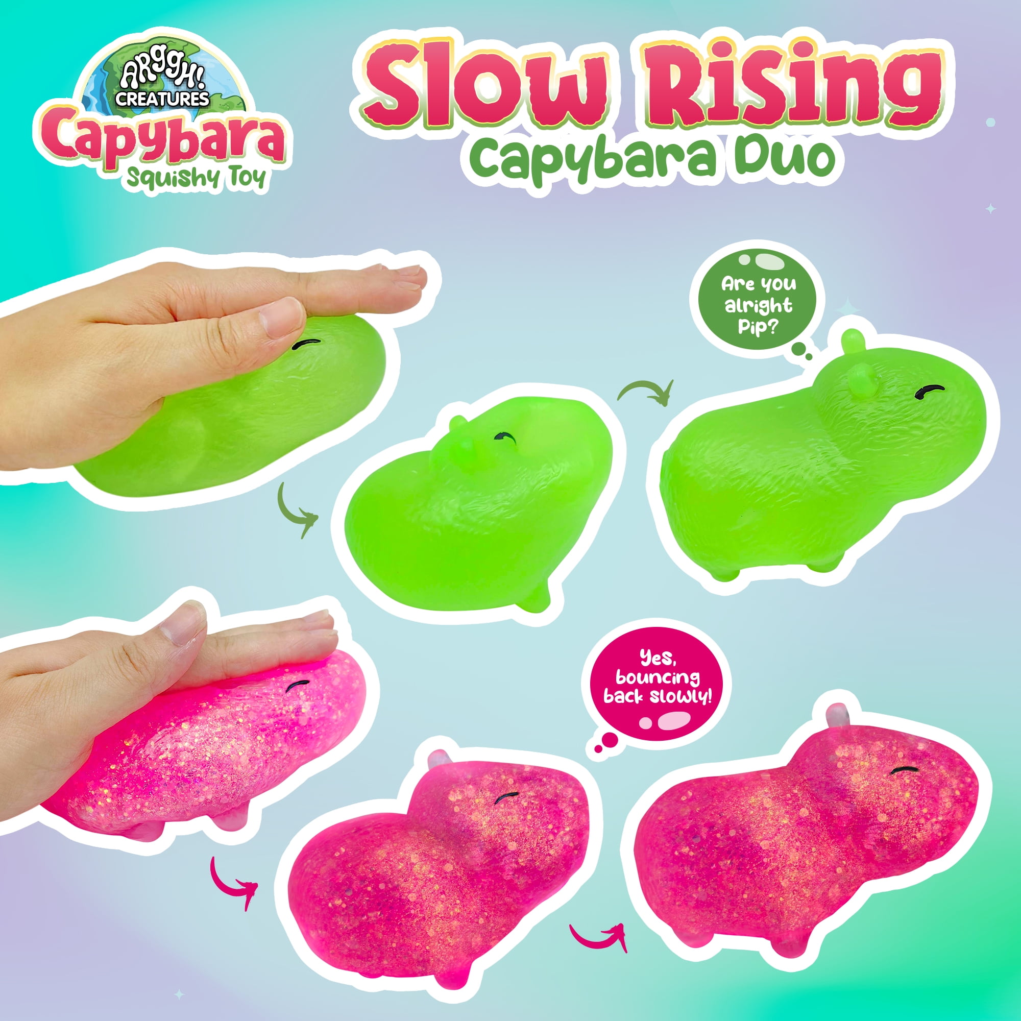 Power Your Fun Capybara Squishy Stress Relief Fidget STEM Toys for Adults & Kids 2-Pk (Pink, Green)