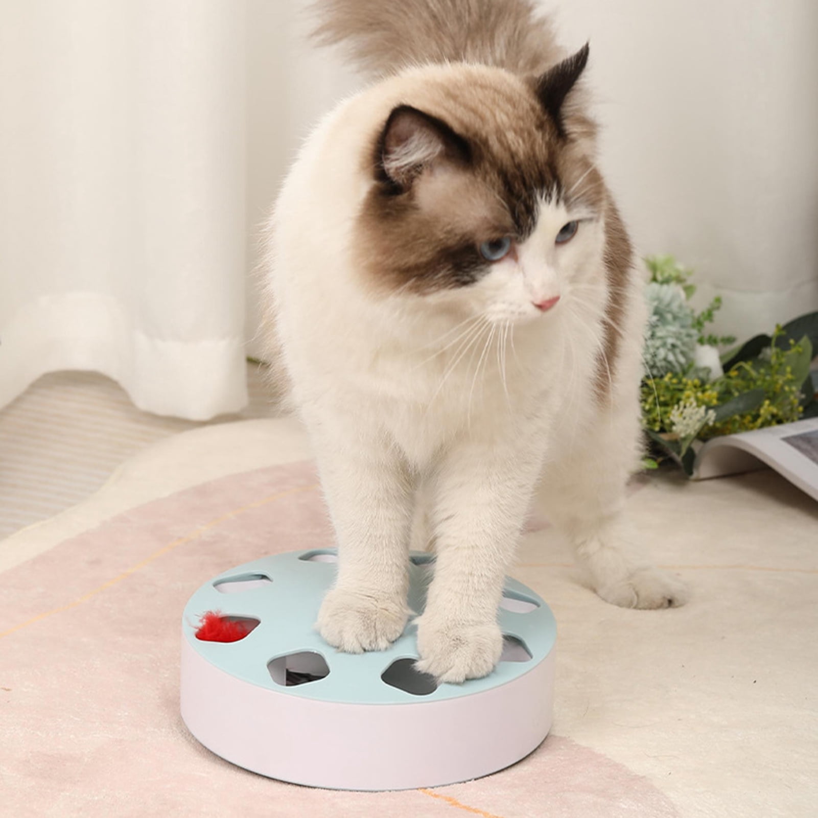 opvise Electric Cat Toy 8 Holes Design Replaceable Feather Intelligent Bite Resistant Automatic On/Off Relieve Boredom ABS Indoor Electric Smart Pet Cat Teaser Toy Blue