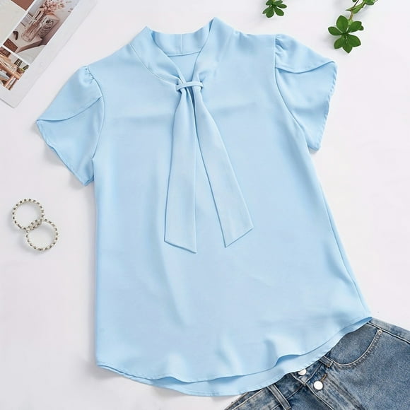 PInxai Hauts d'Été pour Femmes Chemisier Mignon en Chiffon à Manches Courtes Col en V Confortable Ample Décontracté pour le Travail