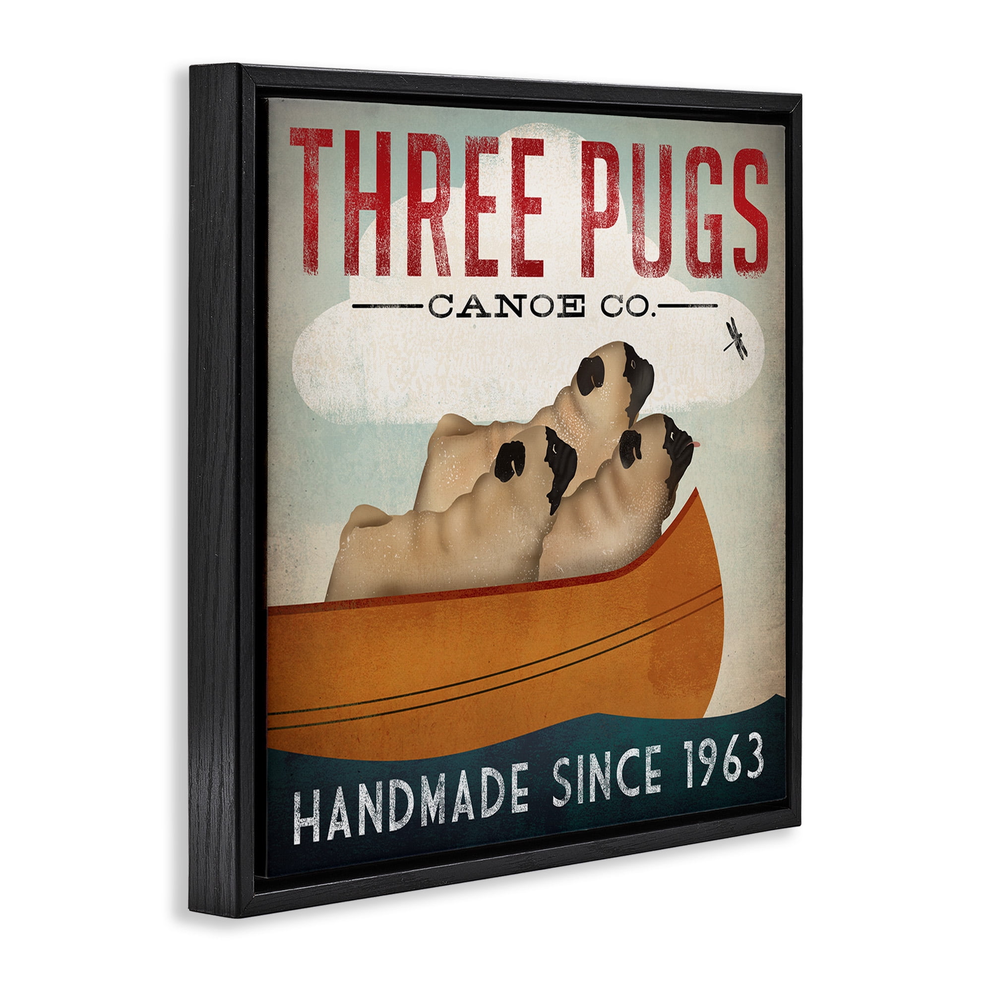 Stupell Industries Vintage Three Pugs in Canoe Animals & Insects Painting Black Floater Framed Canvas Art Print Wall Art, 18 x 18