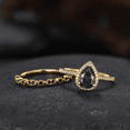 thumbnail image 3 of Black Rutilated Quartz Wedding Ring Set in 14K Yellow Gold Vermeil- Unique Bridal Set Black Diamond Promise Stacking Ring, 3 of 7