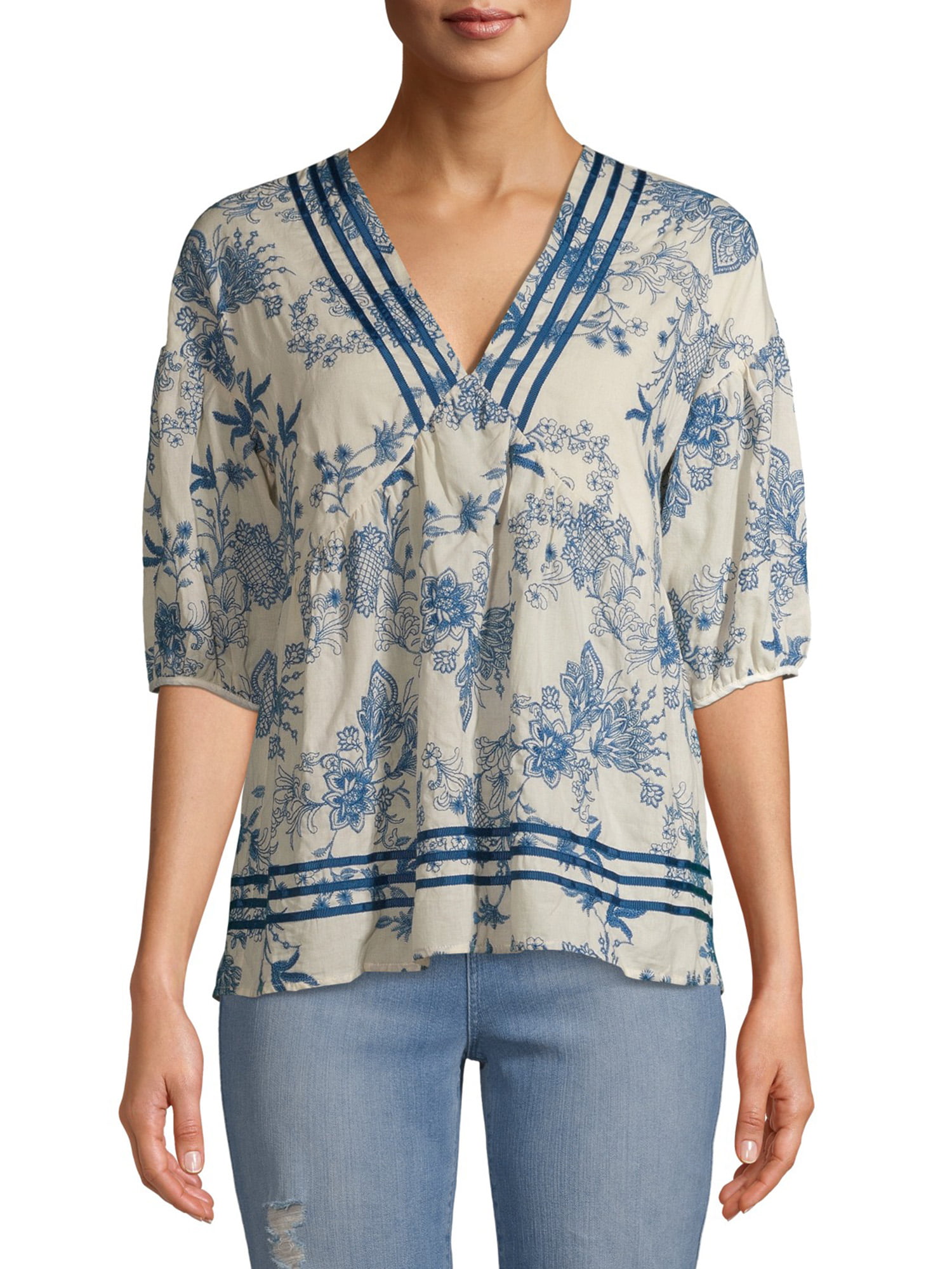 Sui by Anna Sui Natural Embroidered V-neck Top - Walmart.com