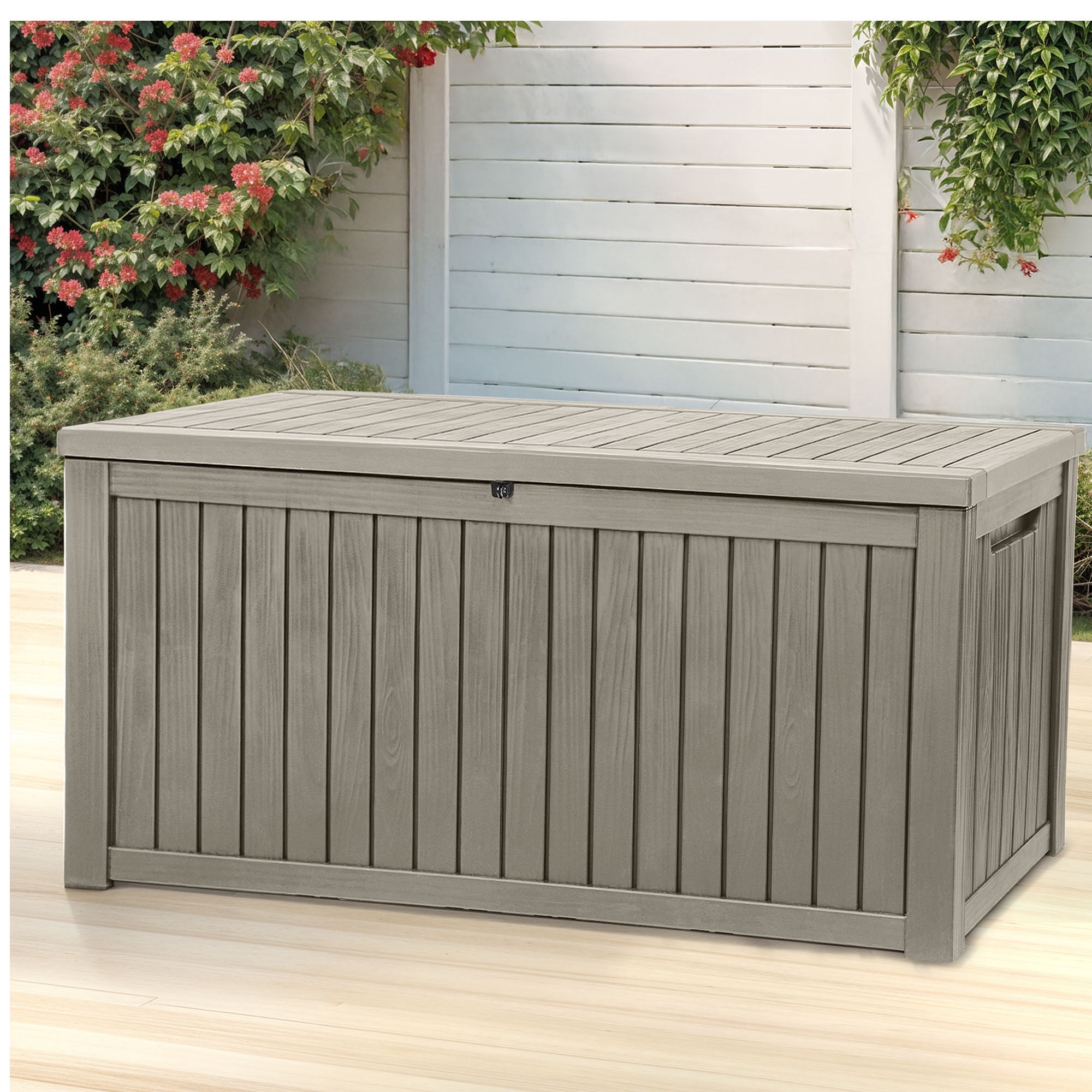 Dextrus 180 Gallon XL Resin Deck Box, Light Brown Waterproof Lockable Outdoor Storage Box with Removable Divider, Large Patio Organizer for Cushions, Garden Tools, Sports Gear and Pool Supplies