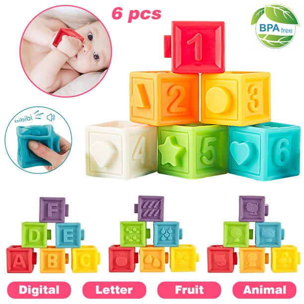 POINTERTECK 6 Pcs Baby Blocks,Soft Stacking Building Blocks Toy 6 to 12 Months Toddlers Boys & Girls, Safe Teething Chewing Toys for 9-18 Month, Squeeze Sensory Toys, Infant Bath Toy for 1 2 Year Old