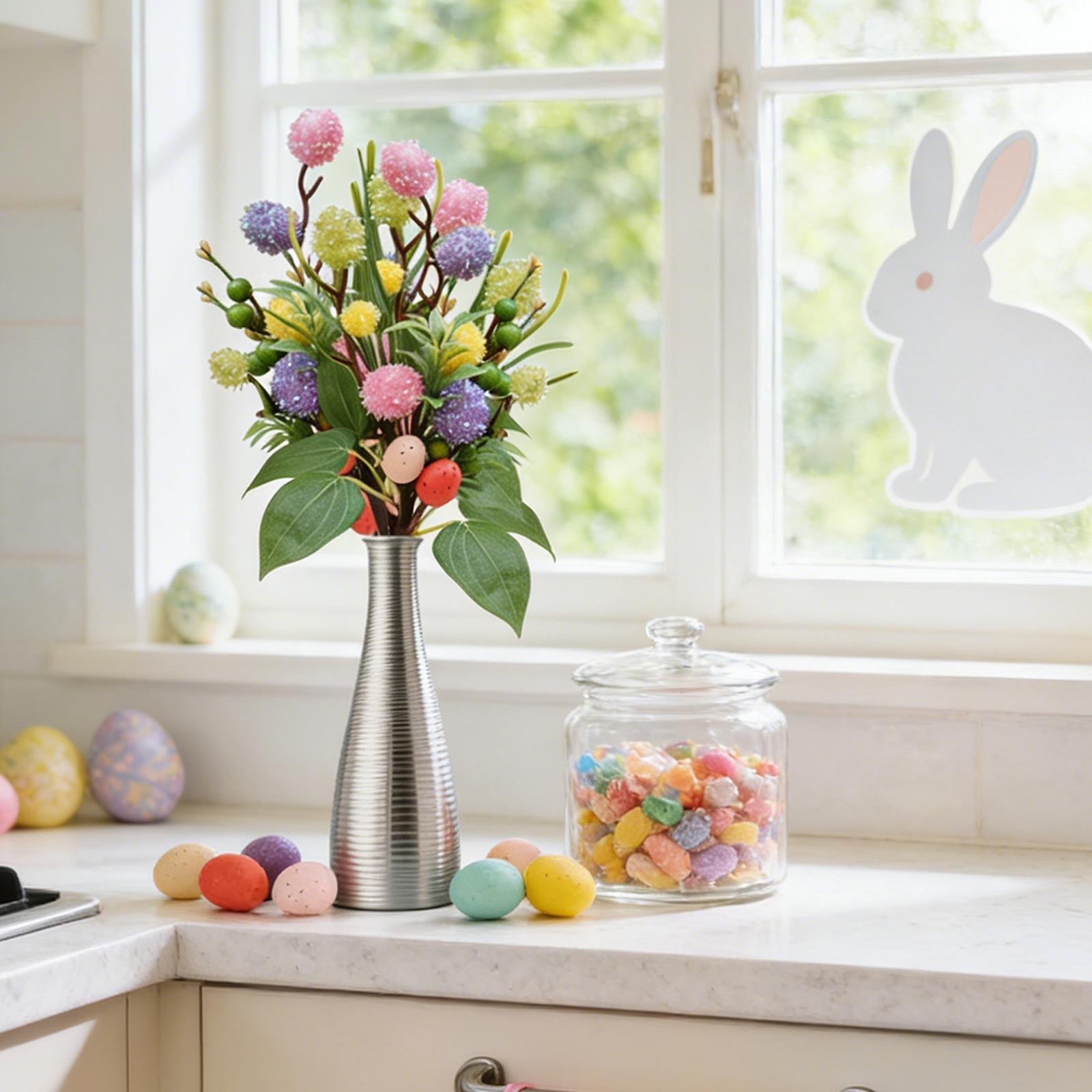 13 Inch Easter Egg Branch with Glitter Eggs & Fluff Balls, Artificial Spring Centerpiece Decor for Vase, Table, Home