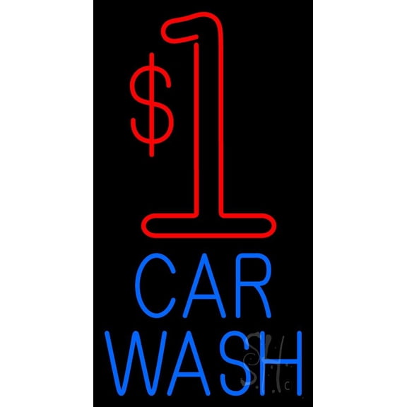 Dollar One Car Wash LED Neon Sign 20 x 37 - inches, Clear Edge Cut Acrylic Backing, with Dimmer - Bright and Premium built indoor LED Neon Sign for automotive store, and mall.