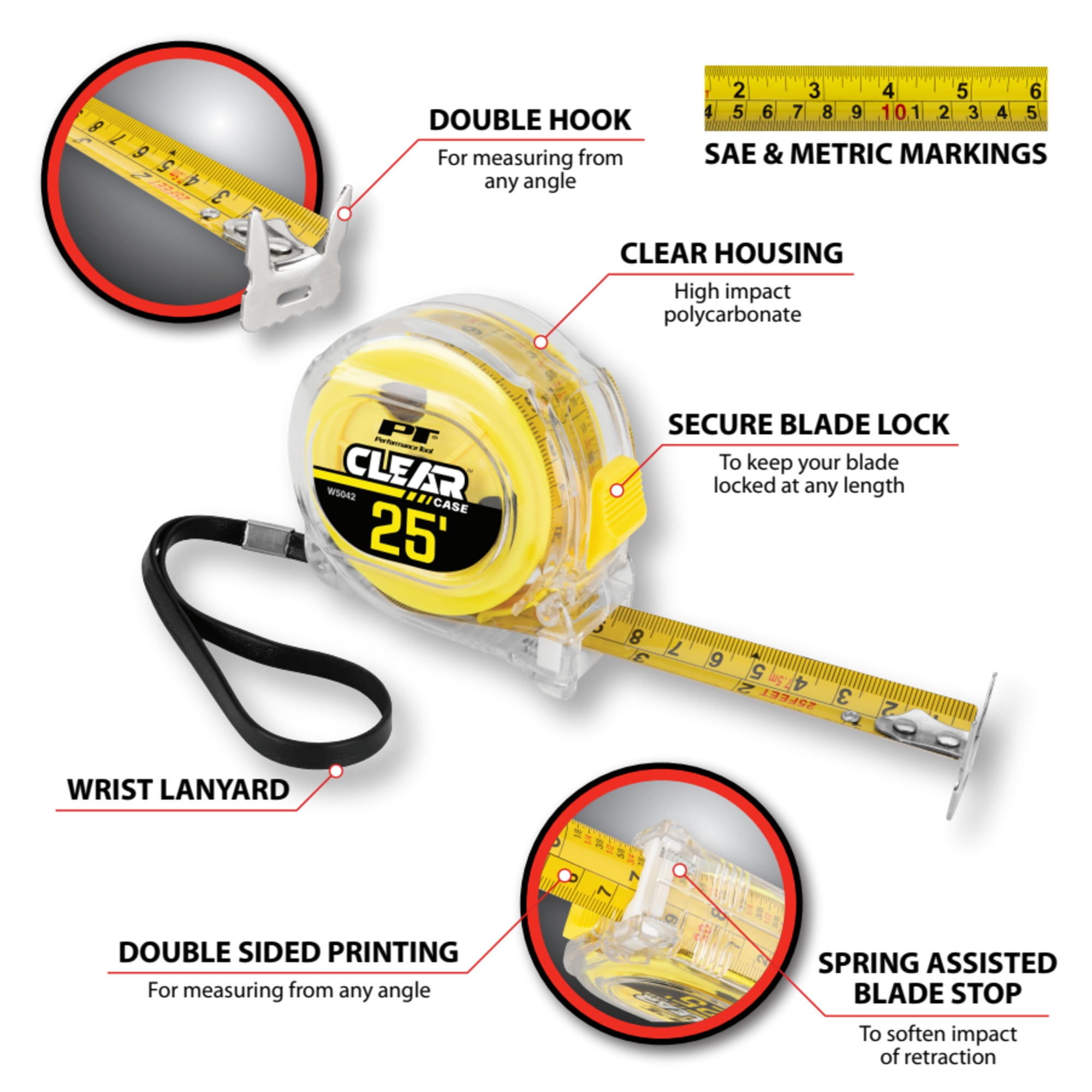 Performance Tool W5042 25'/7.5 M Clear Tape Measure