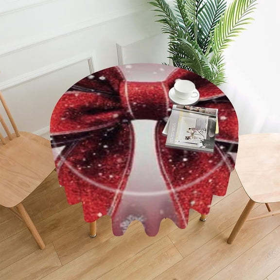 RKSupls 60 Inch Round Tablecloth, Red Christmas Bow Premium Polyester Straight Edge Wrinkle Resistant Washable Table Cover for Party Home Dining Decor