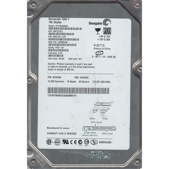 ST3160828AS, 5MT, WU, PN 9W2734-276, FW 3.03, Seagate 160GB SATA 3.5 Hard Drive