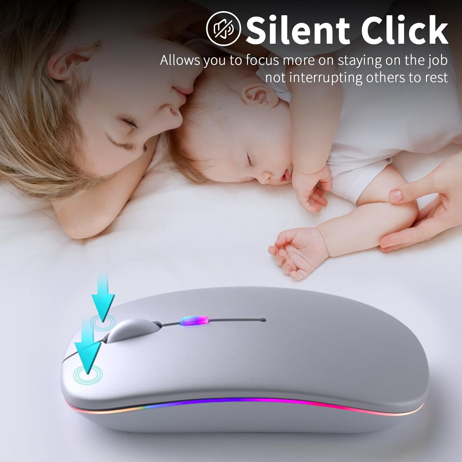 Wireless Bluetooth Mouse – Rechargeable, Silent, Dual Mode (Bluetooth 5.2 & USB) with LED Lights – Portable for Laptop, Desktop, & Tablet(Black)