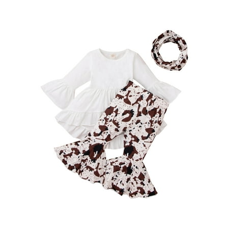

Lieserram Infant Toddler Baby Girl Fall Spring Clothes Ruffle Shirt Top Flare Pant Scarf Baby Girl Bell Bottom Outfit