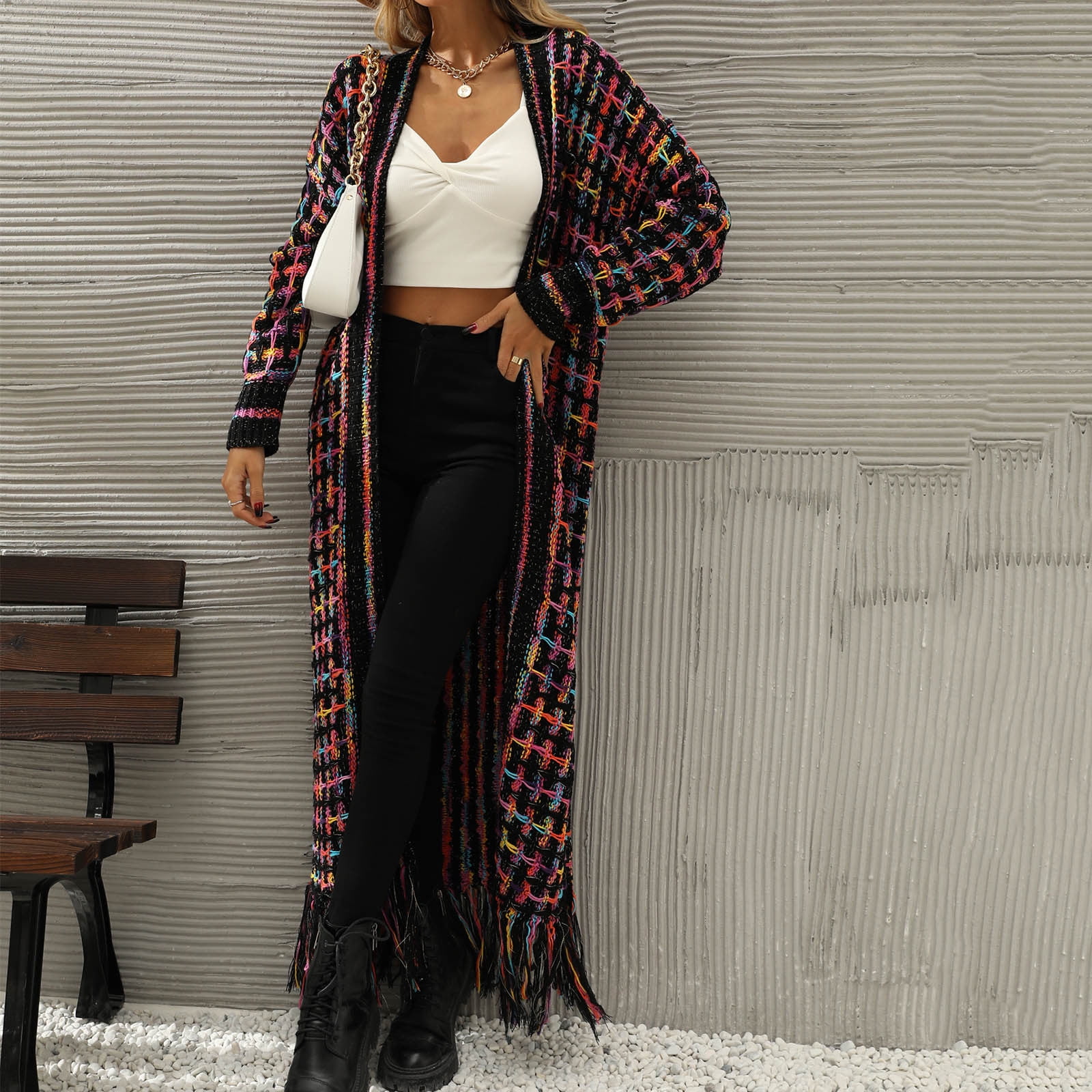Cardigans Sweaters for Women Long Sleeve Open Front Tassels Oversized Knitted Coats Knee Length Checkered Color Block Soft Outerwear Sweater