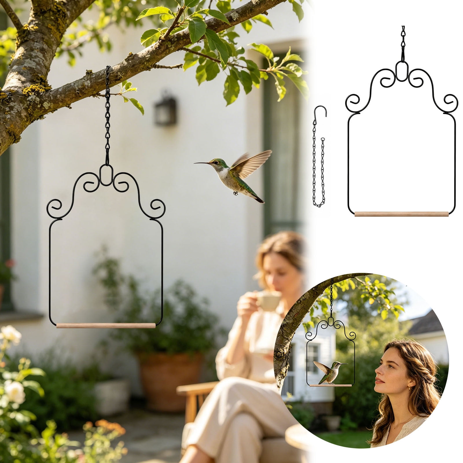 Hummingbird Swing Perch With Wooden Dowel, Hanging Bird Stand For Outdoor Garden, Decorative Resting Station For Small Birds,Silver - 13.5X24Cm