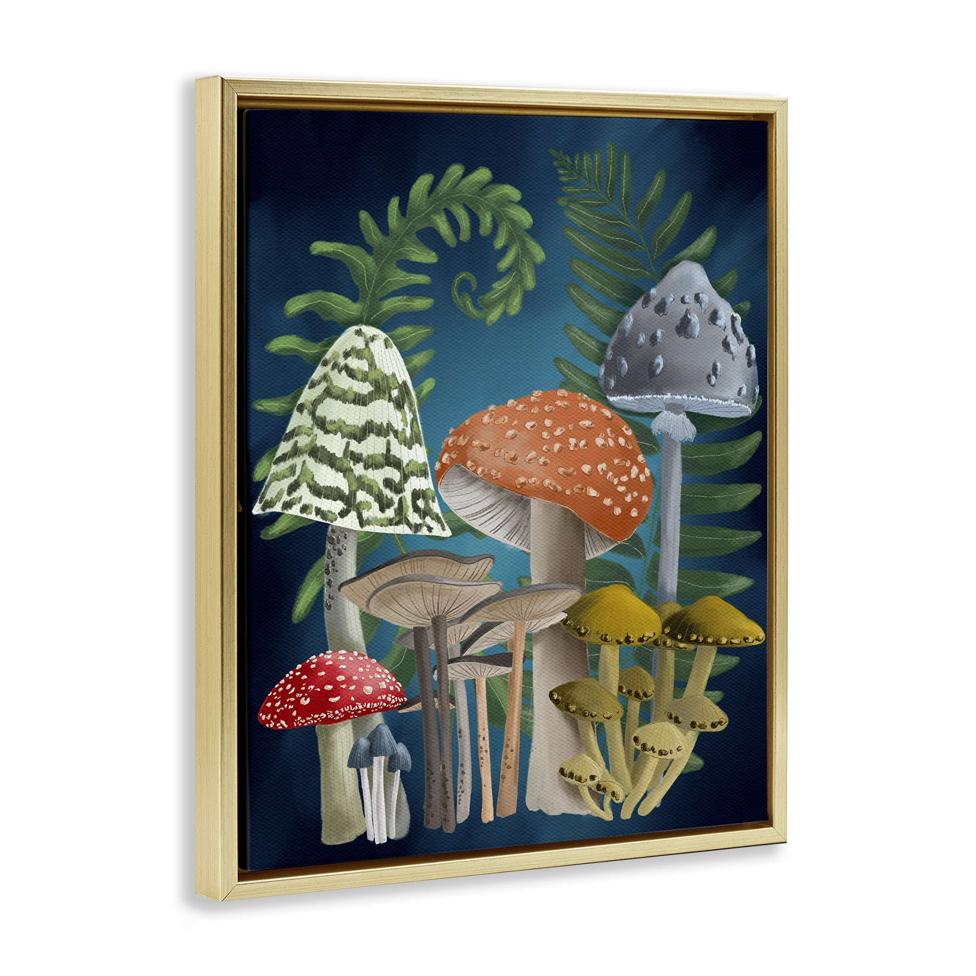 Stupell Industries Curling Ferns & Mushrooms Botanical & Floral Painting Gold Floater Framed Art Print Wall Art, 17 x 21