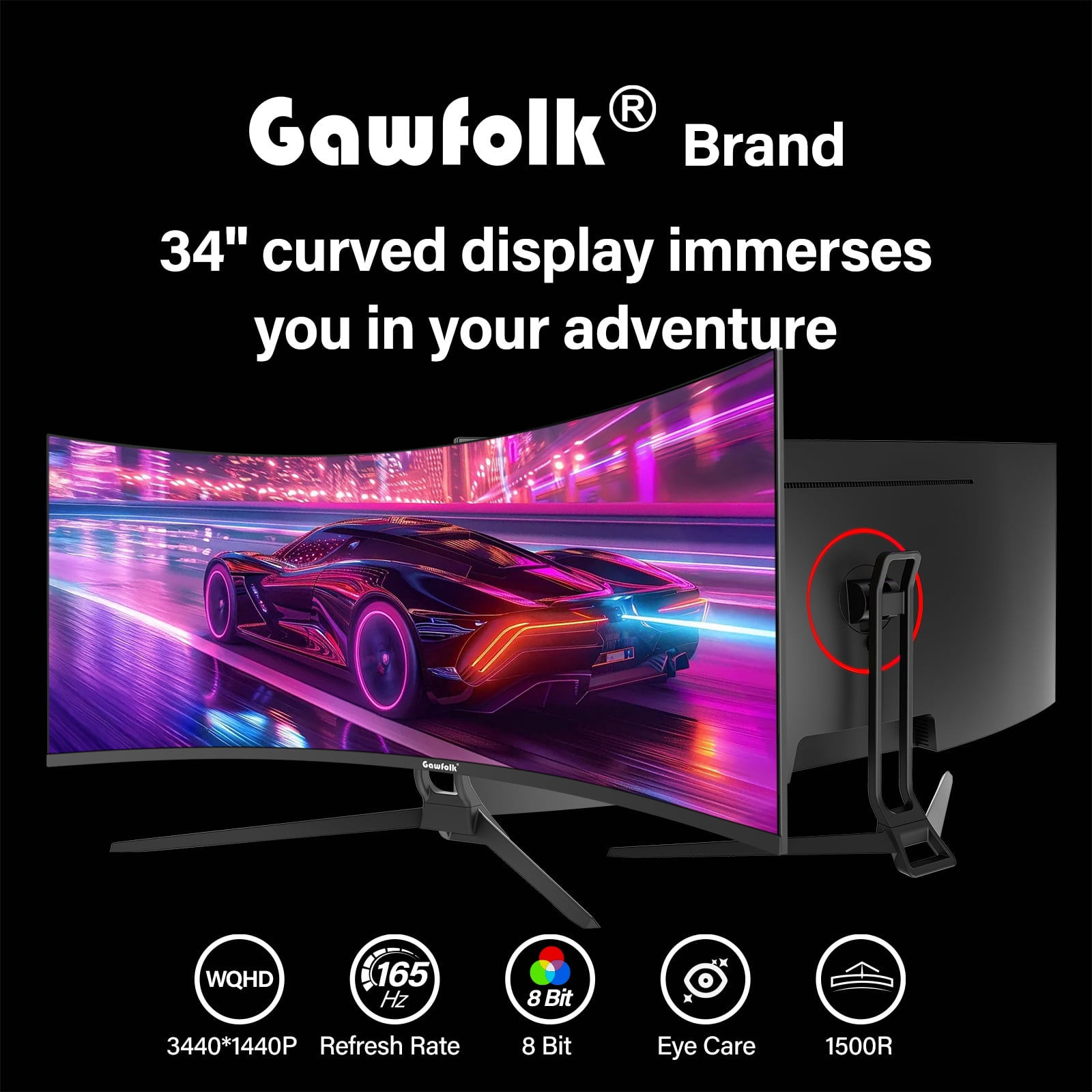 Gawfolk 34-Inch Curved Ultrawide Gaming Monitor 165Hz 1500R WQHD 3440x1440 FreeSync Adjustable Stand