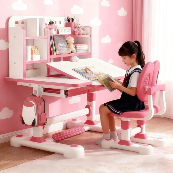 Kids Study Desk and Chair Set, Height Adjustable Children's Study Desk and Chair Set Toddler Learning Table and Stool Set with Bookshelf Storage Drawer 50-Degree Tiltable Desktop Bedroom (Pink #7)