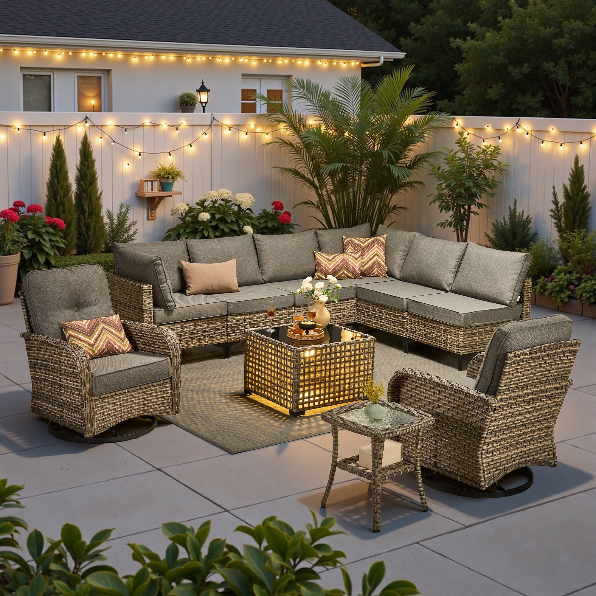 Ovios 10 Pieces Outdoor Patio Furniture All-Weather Wicker Sectional Conversation Set with Swivel Chairs & Solar Coffee Table, Dark Gray