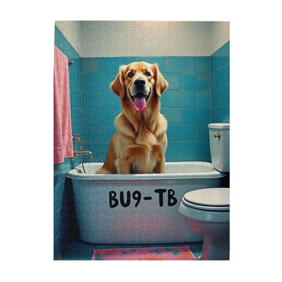 Golden Retriever In Bathtub 500 Piece Adult Jigsaw Puzzle Challenging & Relaxing Puzzle For Adults Fun Brain Teaser Quality Pieces Great Gift Idea.