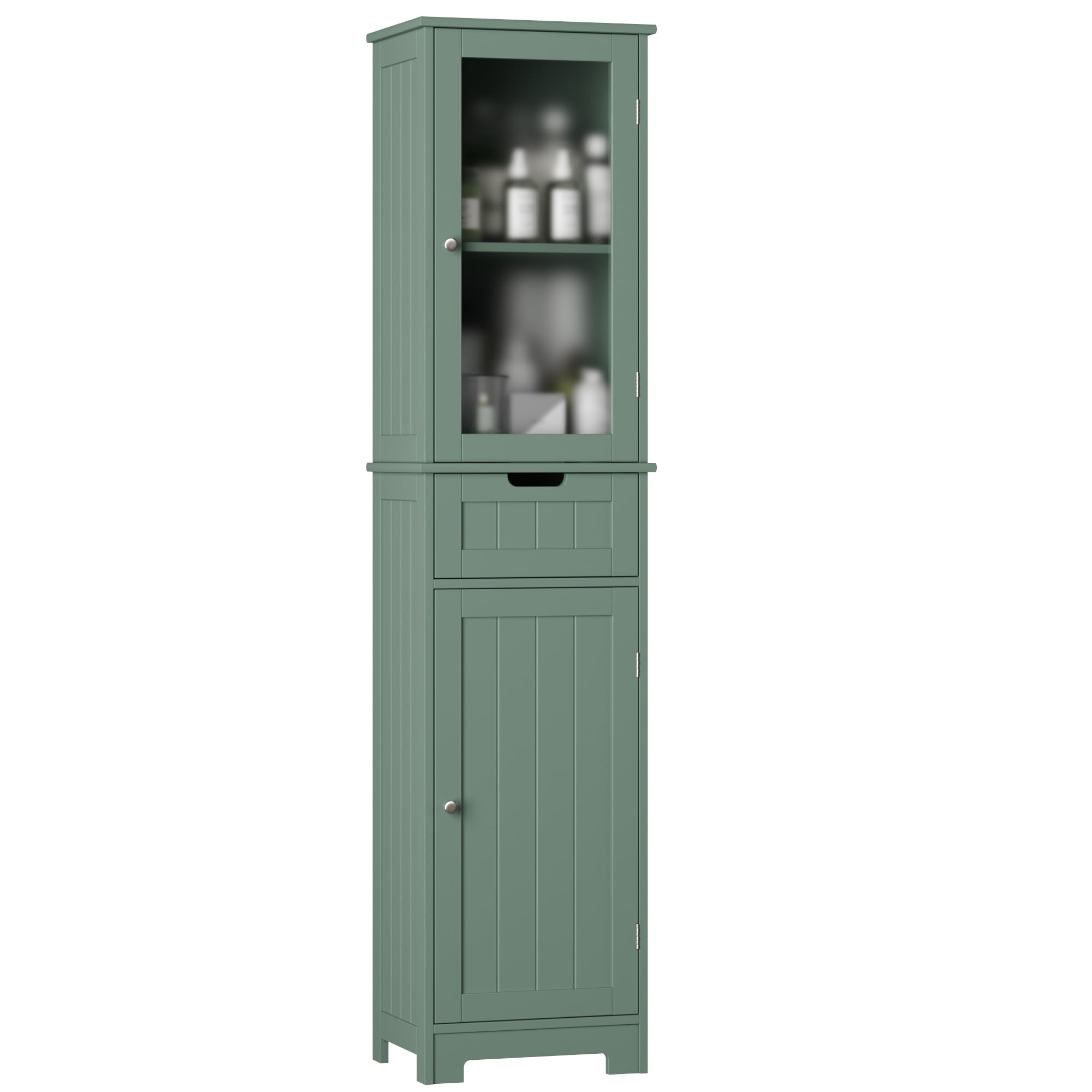 Homfa Bathroom Storage Tower, Narrow Linen Cabinet with Door and Drawers, Tall Bathroom Storage Cabinet for Small Spaces, Green
