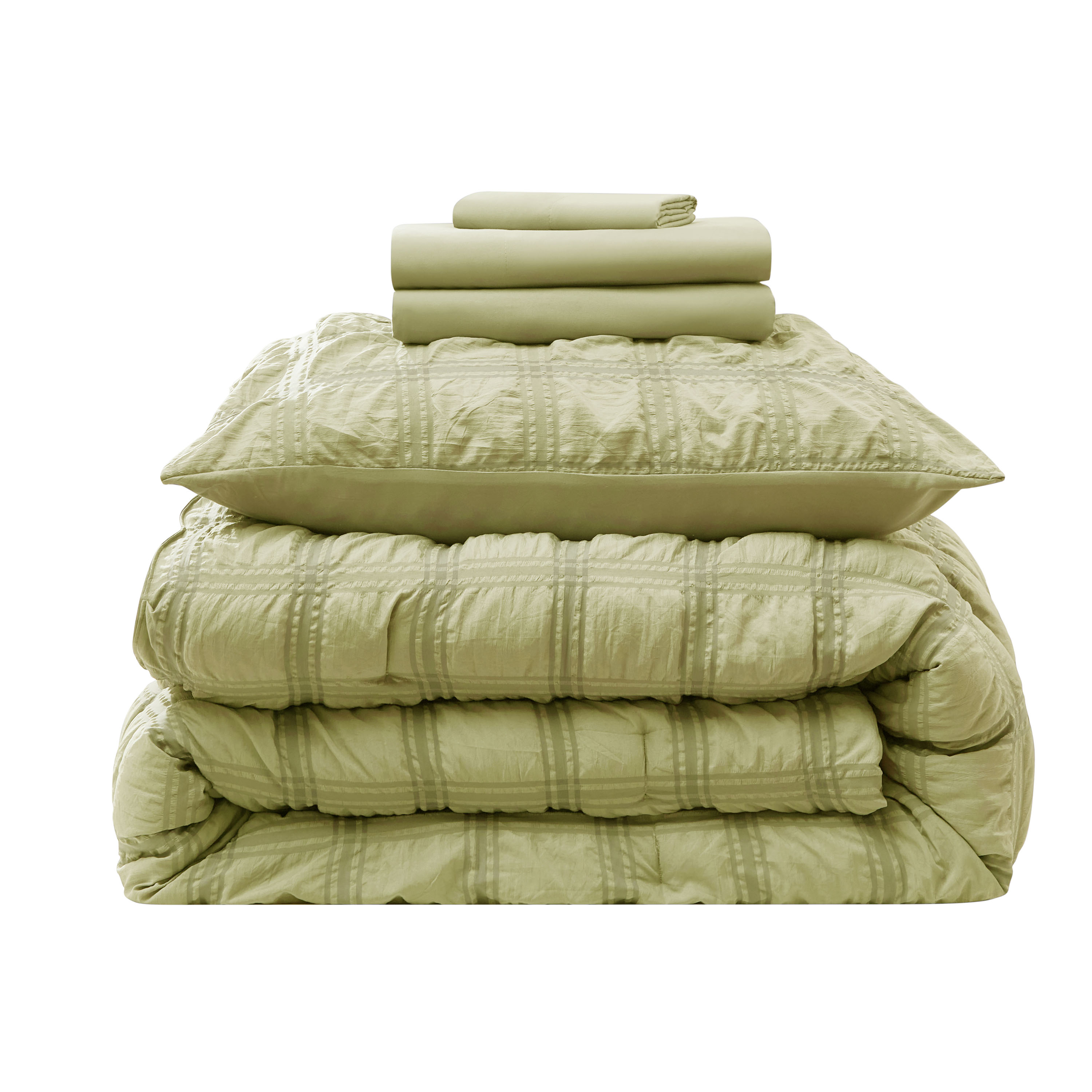 LammaLoe Twin Comforter Sets, 7 Piece Seersucker Bed in a Bag, Bedding Comforter Set with Sheets, Modern Bed Set, Olive Green