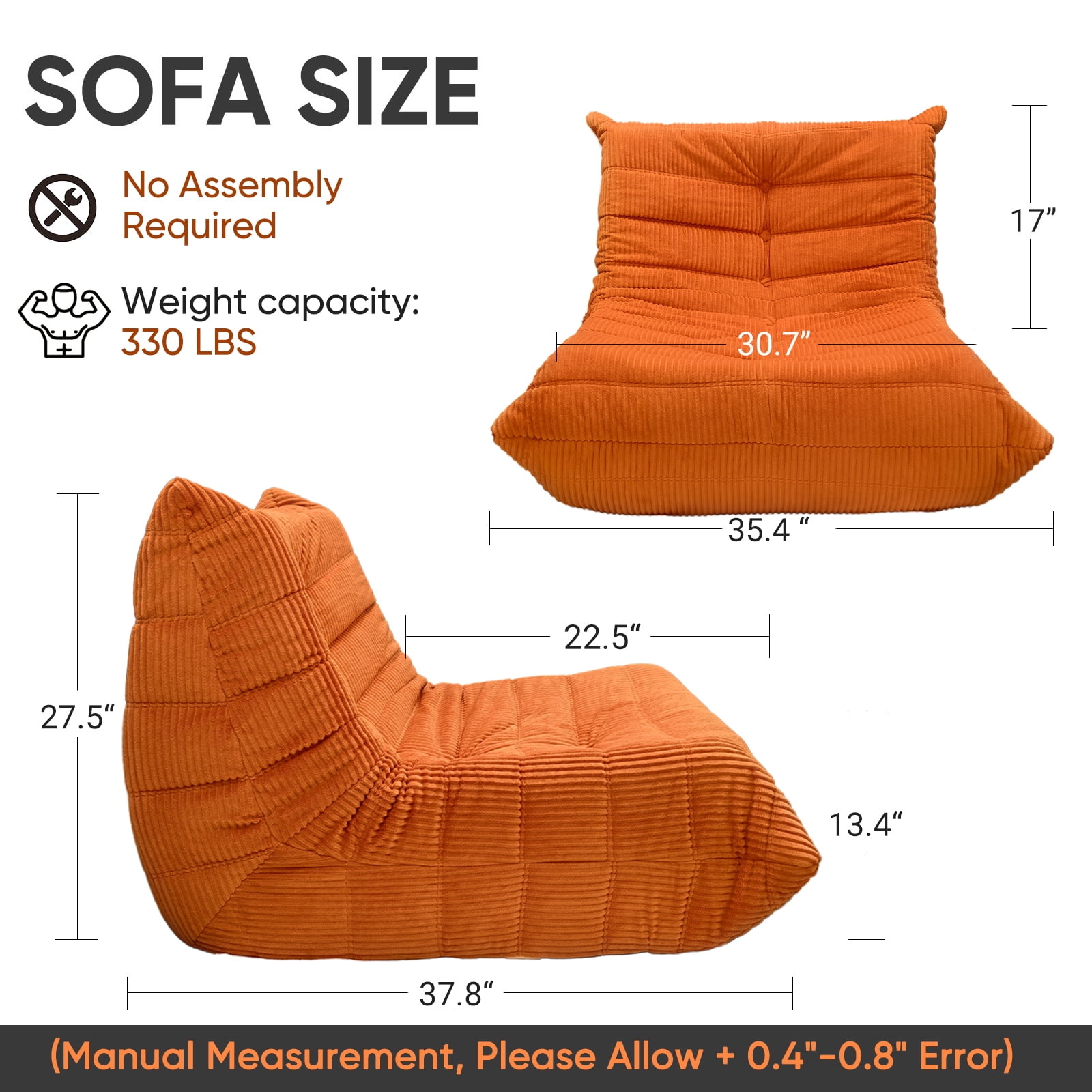 Alvantor Bean Bag Chair, Armless Lazy Sofa with Memory Foam and Soft Corduroy for Living Room Bedroom Reading Gaming