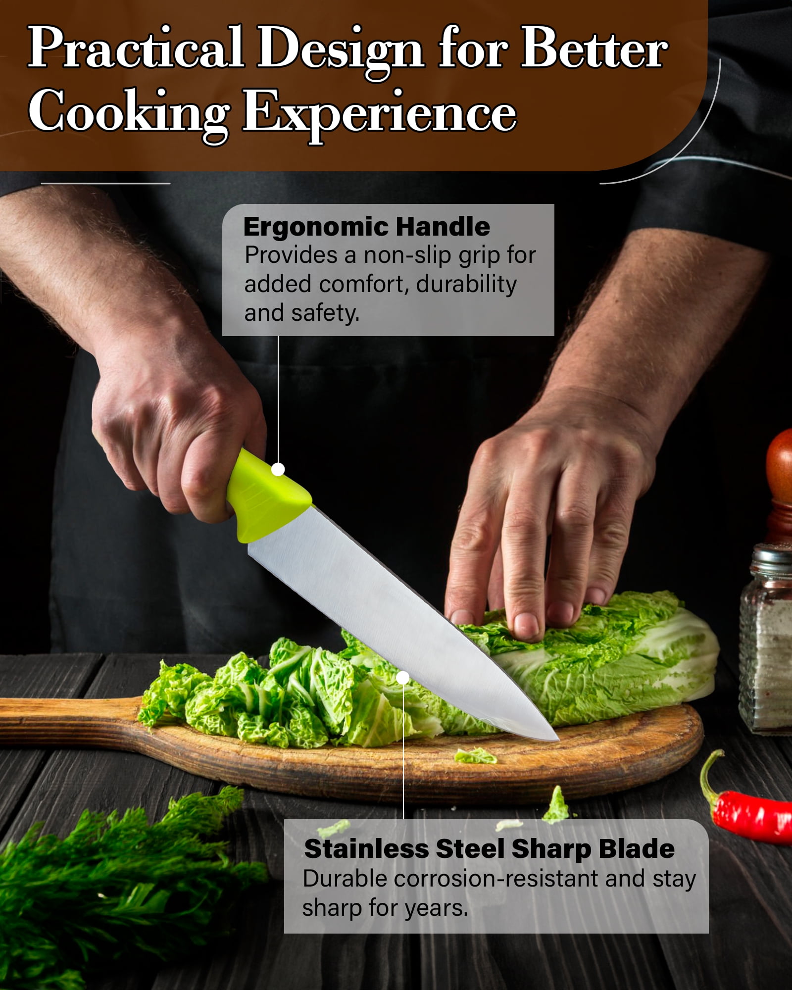Cook N Home Professional 8 Inch Chef's Knife Multi-Purpose, Straight Edge High Carbon Stainless Steel Sharp Kitchen Knife, Ergonomic Handle, Green