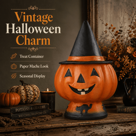 Summerween Halloween Jack-O-Lantern Paper Mache Pumpkin Bucket, Vintage Style Orange Container with Witch Hat for Table Mantel Decor