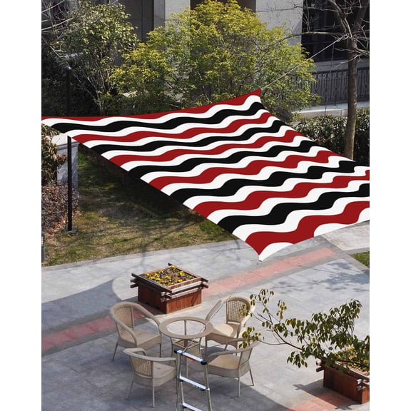Red Black White Sun Shade Sail 12'x16' Rectangle Outdoor Shade Canopy, Abstract Geometric Ocean Wave Stripe Porch Shades Outdoor Sun Blocking Screen, Sunshade Cloth Covers for Patio/Deck/Garden