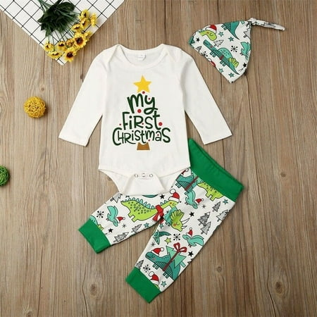 

0-18M Infant Baby Girl Christmas Outfit Cartoon Dinosaur Romper Bodysuit Tops+Long Pants Leggings+Hat Clothes Set