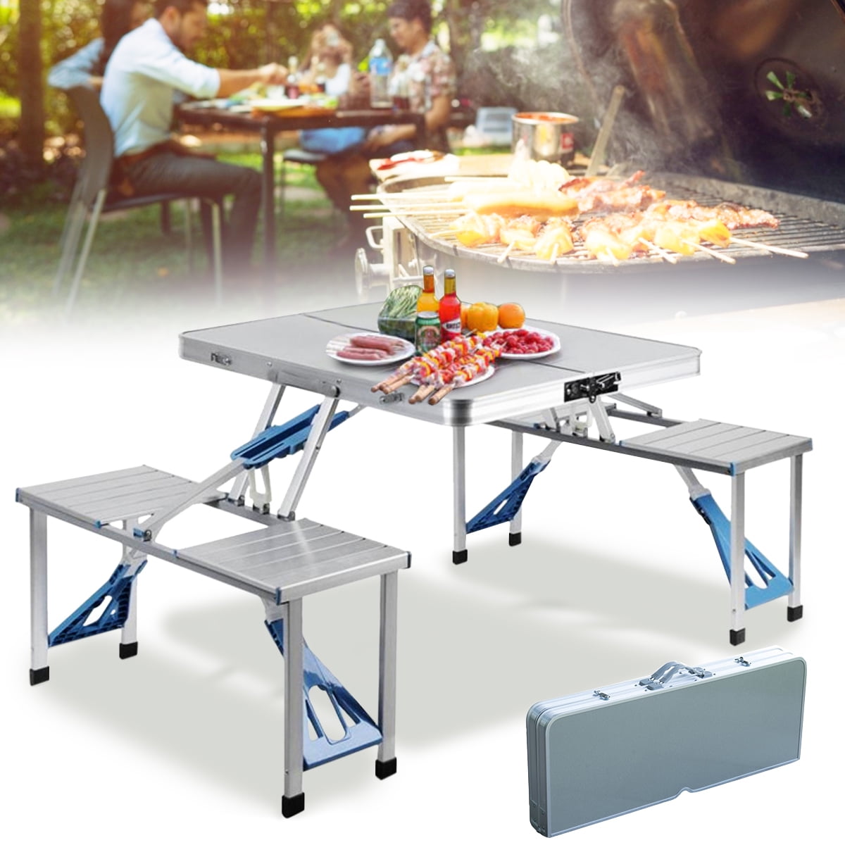 Silver Picnic Tables Foldable with Chairs for 4 Persons BBQ Party Exhibition Indoor or Outdoor naspaluro Camping Folding Table and Chairs Set with Aluminum Frame & an Umbrella Role