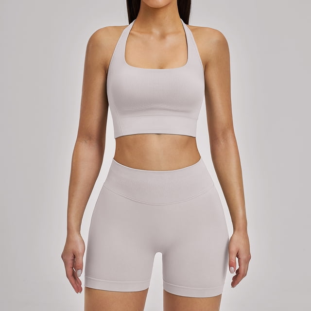 Top-kevin Women 2 Piece Workout Sets High Waisted Tummy Control Biker Shorts Halter Padded Tank Tops