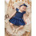 thumbnail image 6 of RUINIXCW Newborn Baby Girl Denim Dress Western Cowgirl Outfit Cute Infant Baby Girls Summer Clothes Fly Sleeve Smocked Jeans Romper Dress Jumpsuit Playsuit Headband, 6 of 7