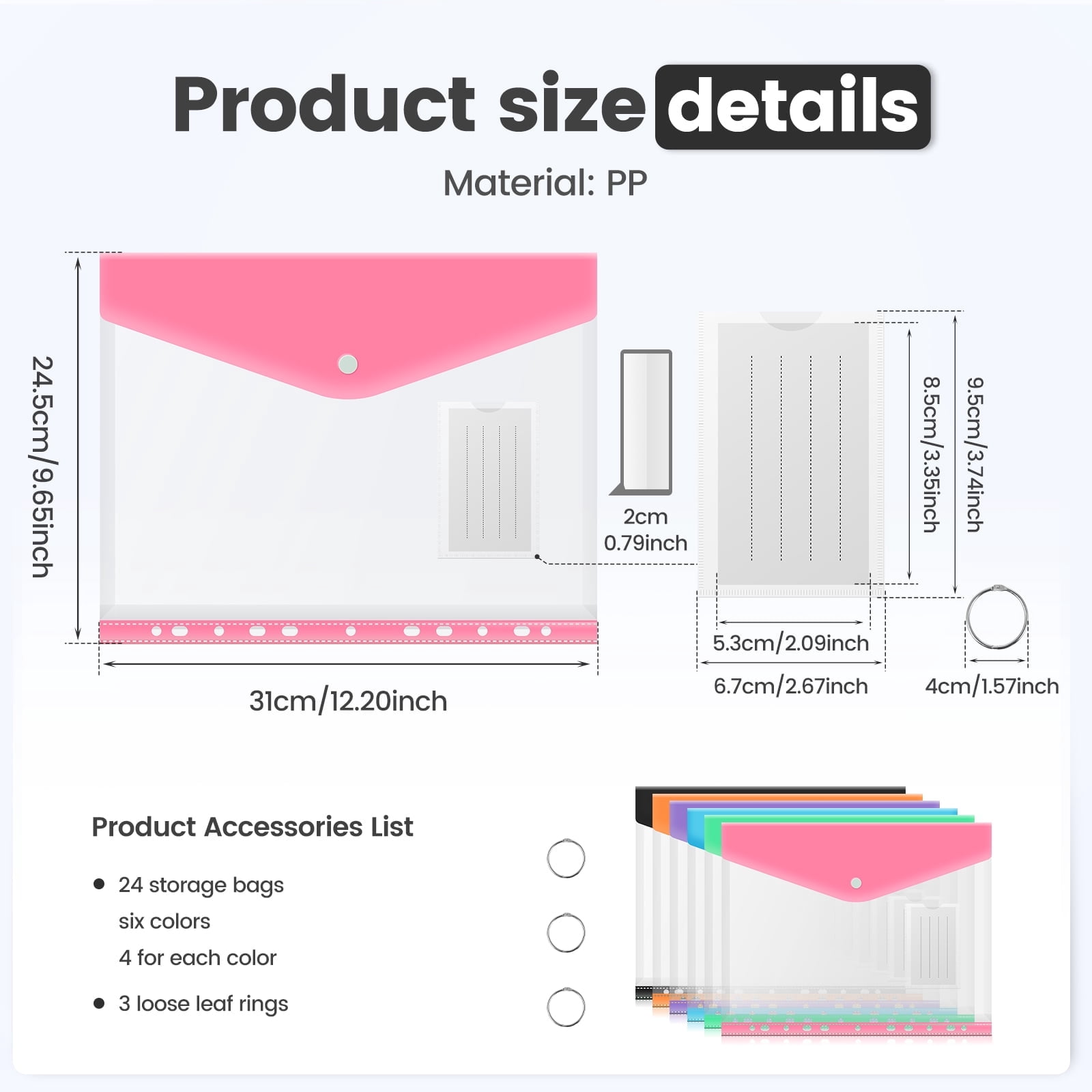FUYGRCJ 24 Pack Binder Pocket, Plastic Envelopes Binder Folders, 11 Holes Expandable Binder Folders, Document Pouch with Snap Button and Label Loose, Leaf Transparent Binder Pockets