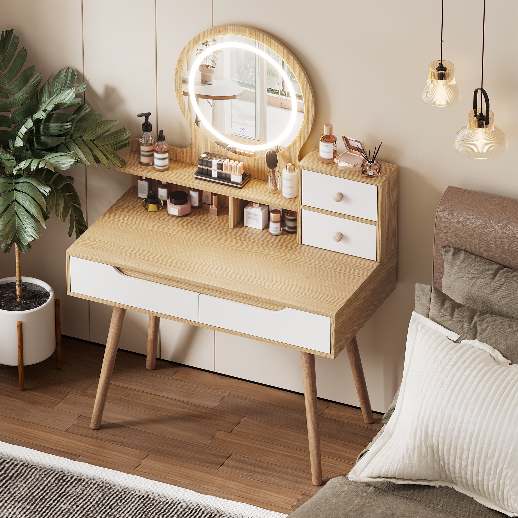 Montary Vanity Desk w/ 3 Modes LED Mirror & Solid Wood Legs | 4 Drawers + 3 Shelves | Small Space Bedroom Set