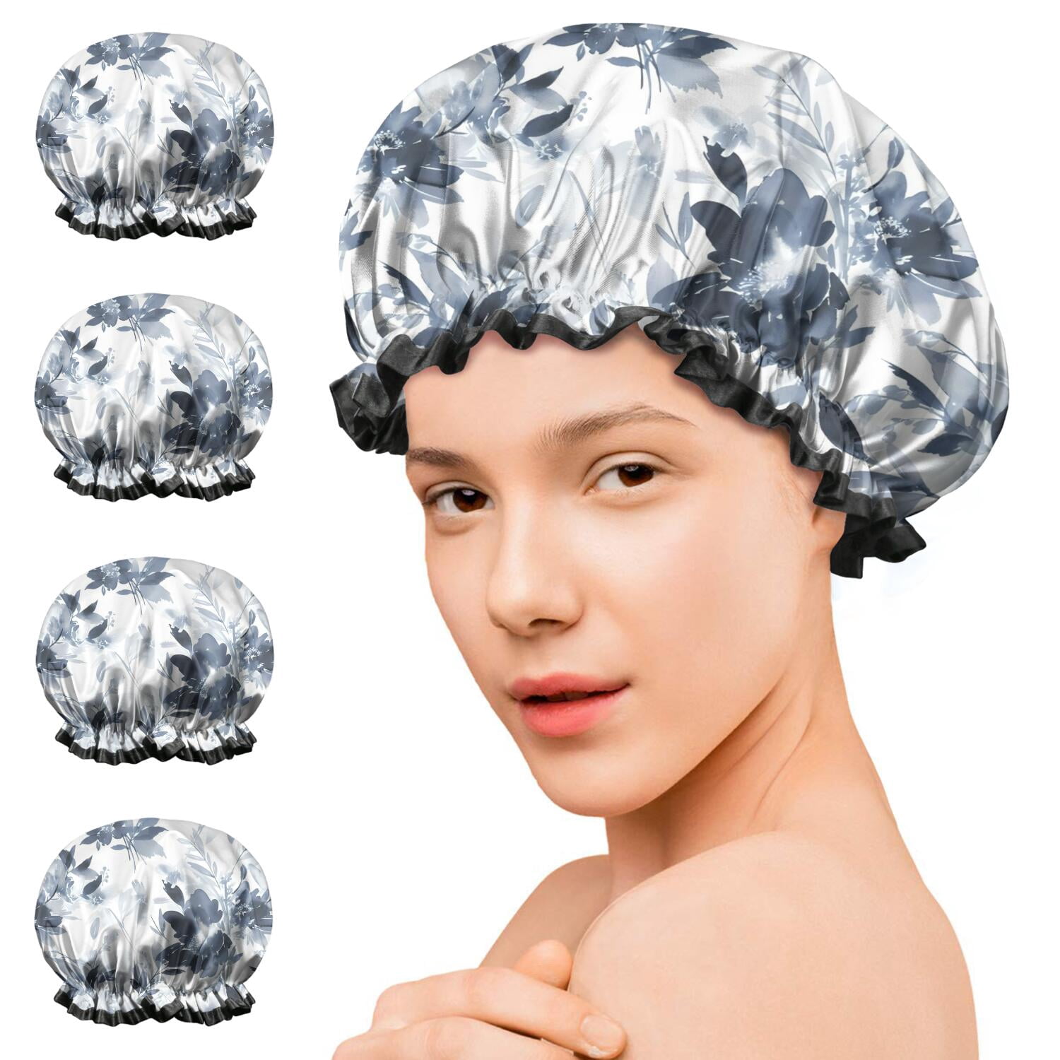 Shower Caps,Pioneer Flower Floral Print Pattern Waterproof Shower Cap for Women 4 Pieces,Double Reusable Hair Cover for Shower PEVA Elastic Stretch Hem