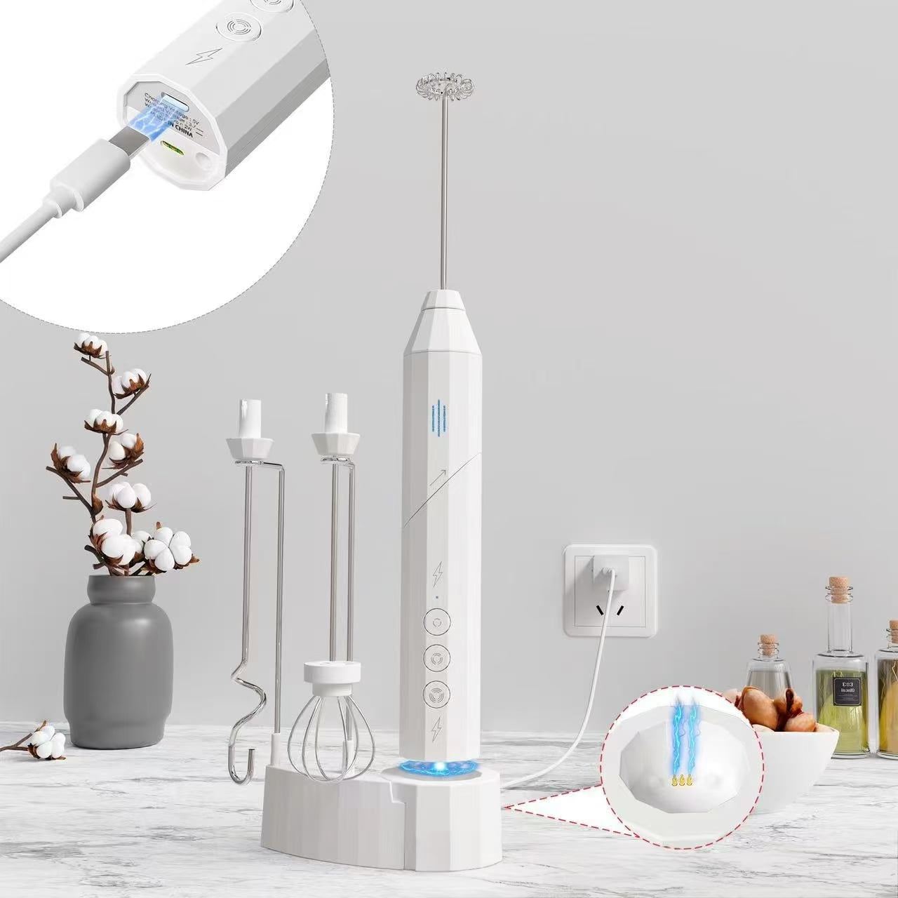Electric Milk Frother Stainless Steel Coffee Cream Electric Milk Frother Egg Beater Portable Mixer