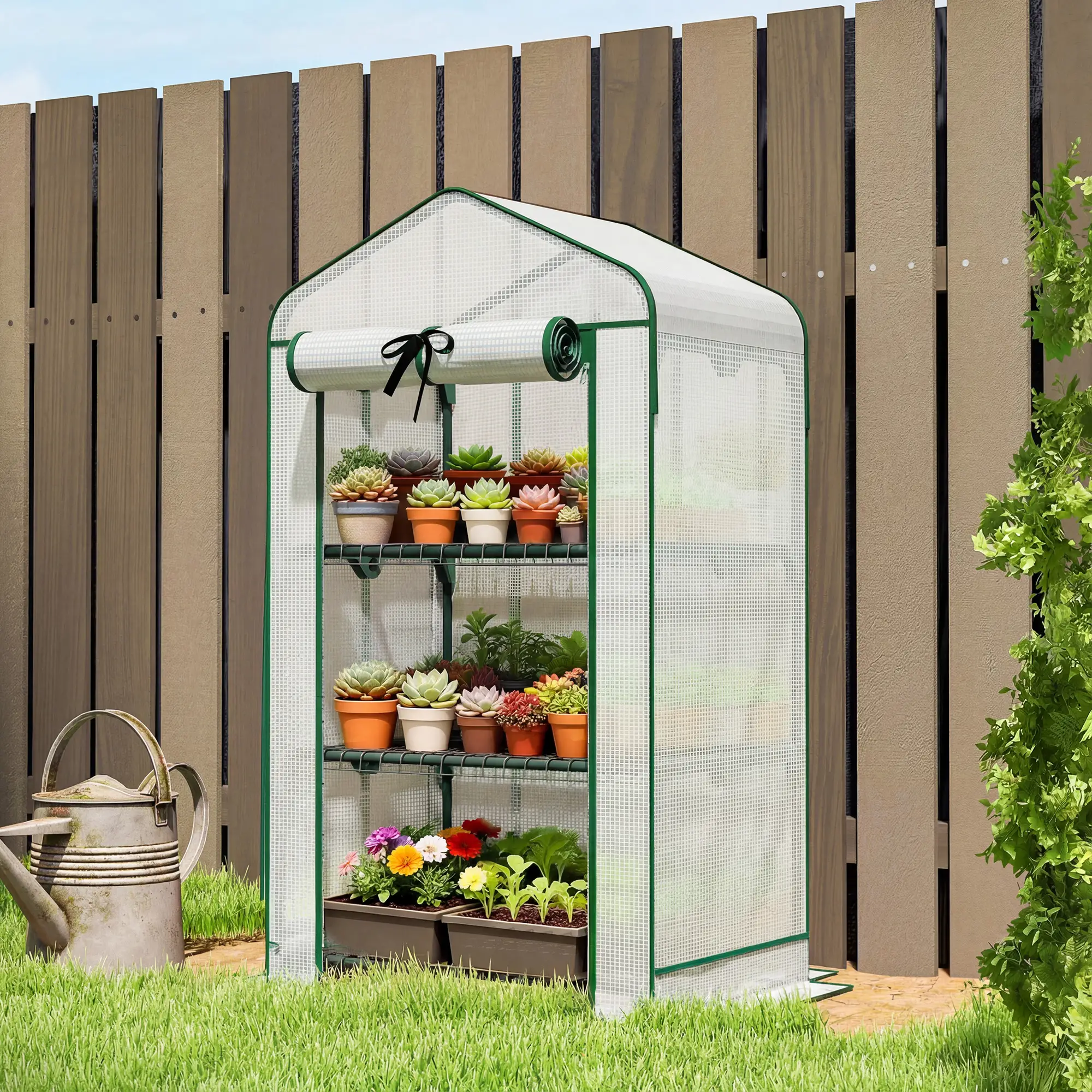3-Tier Mini Greenhouse with Double-Layer Roof, 140gsm PE Cover, Roll-Up Zippered Door, Powder-Coated Steel Frame, Stability Side Bags for Indoor Outdoor Plants