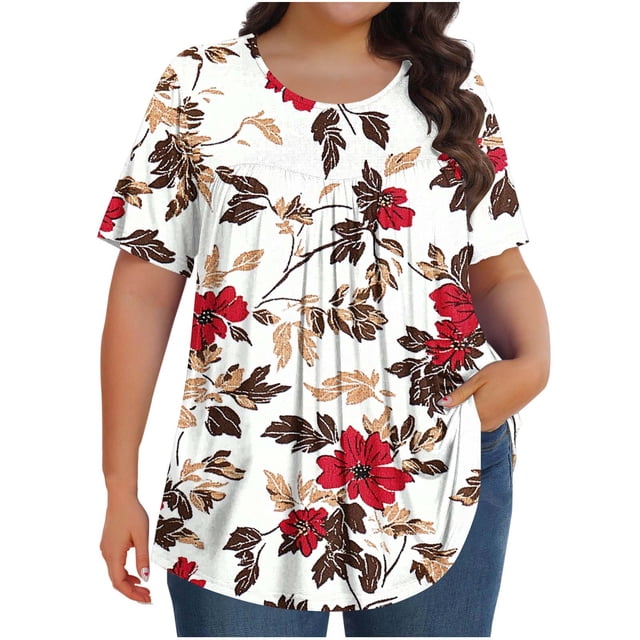 Tamaño Más Manga Corta Tops para las Mujeres Impreso Manga Corta Sólida Redonda Cuello Plegado Blusa, Poliéster Más Tamaño Superior, Lavado a Mano