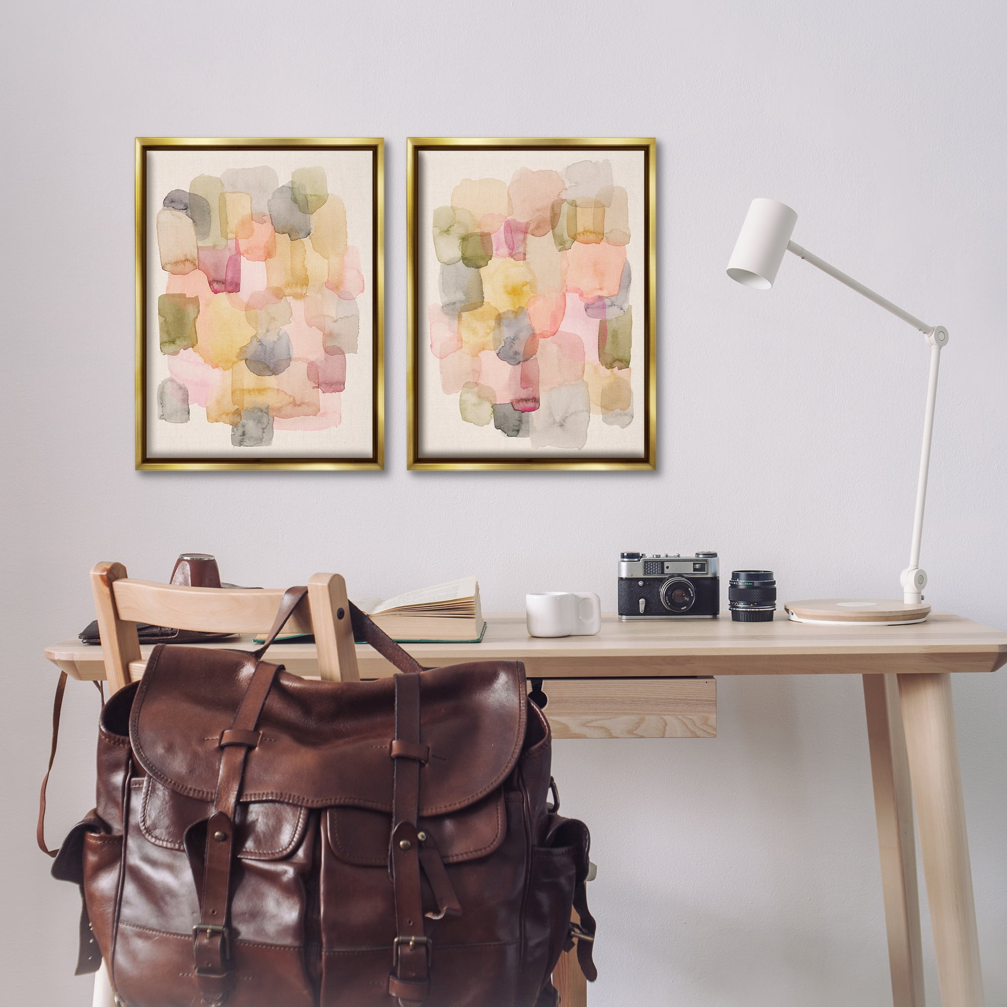 Stupell Industries Muted Layered Neutrals Abstract Painting Gold Floater Framed Canvas Art Print Wall Art, 17 x 25, Set of 2