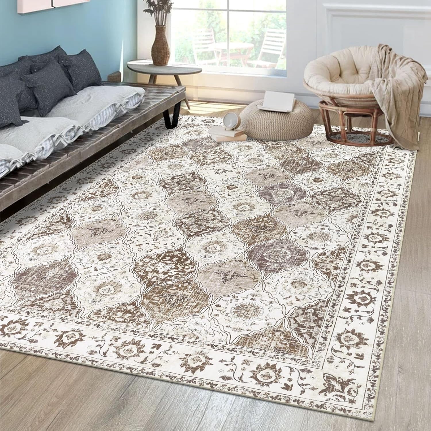 MJIAexp 6'x9' Moroccan Area Rug Washable Bedroom Rug Vintage Boho Area Rug Non-Slip Accent Throw Rug Stain Resistant Floor Carpet for Kitchen Entryway Living Room Office Boho Beige