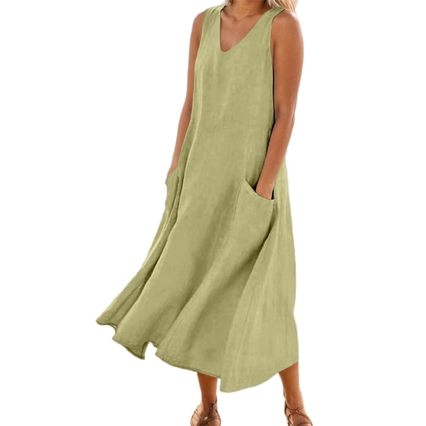 Vestido largo sin mangas con cuello en V y color liso para mujer: corte holgado, bolsillos, vestido informal cómodo para el día a día.
