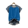 thumbnail image 2 of BUIGTTKLOP Summer Tops for Women Denim Patchwork Short Sleeve Shirts Crewneck T Shirts Trendy Clothes 2026, 2 of 6