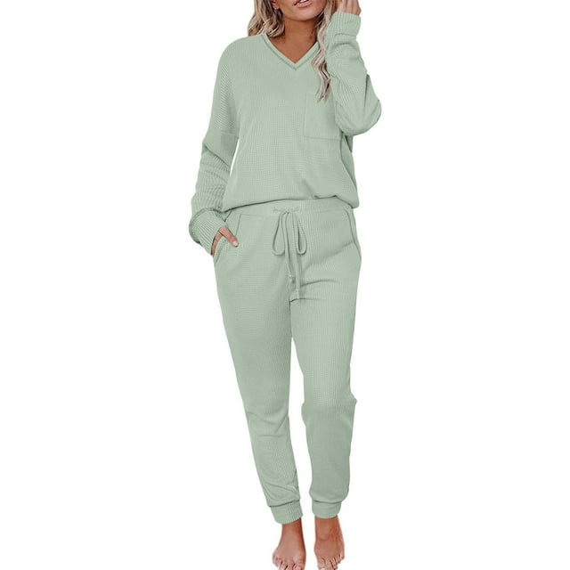 cfhntfmh Ensembles de Pyjama 2 Pcs pour Femmes Pjs Ensembles en Tricot Détente Col en V Manches Longues T-Shirts Décontractés Confortables Bas à Cordon Vêtements de Nuit